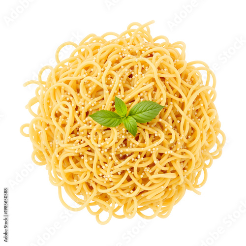 Appetizing spaghetti dish with fresh basil leaf isolated on transparent background
