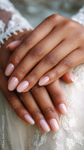 Close-up view of bridal hands showcasing a neat manicure and an engagement ring. The bride holds flowers as she prepares for her wedding ceremony. Natural light enhances the scene