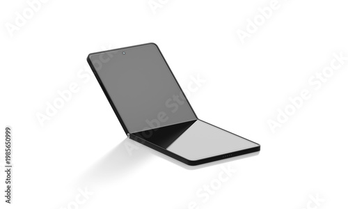 Blank black flexible chamshell phone display half folded mockup png, transparent background, 3d rendering. Empty transform smartphone frame mock up cut out. Clear hi-tech innovation flex template.