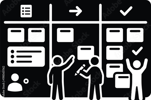 A team of people works together on a project board while tracking progress and writing tasks to celebrate the completion of work goals