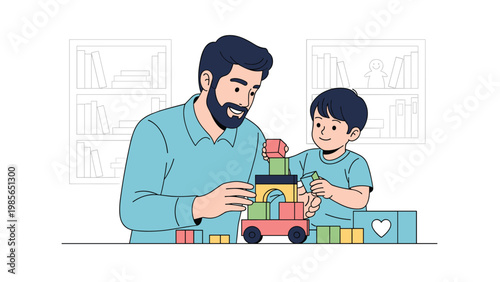 Loving father and young son play with colorful building blocks together at home while building a toy train on a table in the room.