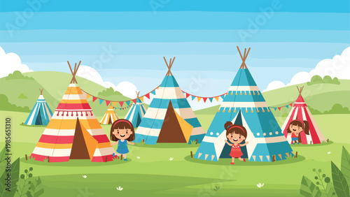 Group of happy children playing and running among colorful patterned teepee tents at a summer camp in a beautiful green mountain landscape.