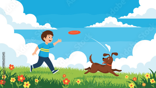 Energetic young boy plays fetch with his happy brown dog by throwing a frisbee in a colorful flower meadow under a bright blue sky.