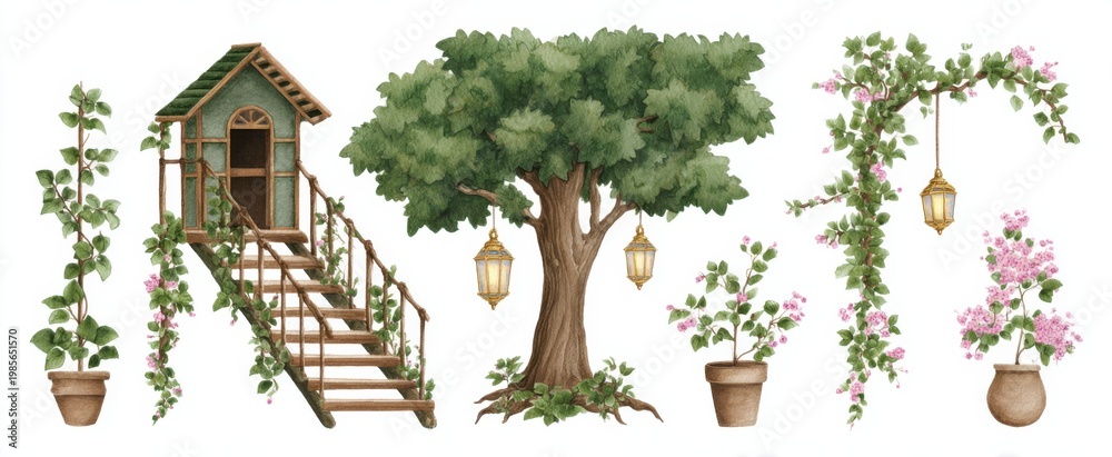 Fototapeta premium Whimsical treehouse with vines and lanterns ideal for nursery decor and murals.