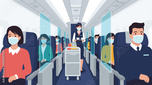 Passengers wearing protective face masks sitting in an airplane cabin with transparent plastic safety dividers between seats.