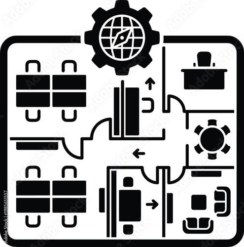 Line art illustration of a modern office floor plan showing workspace organization with desks chairs and a gear globe icon at the top