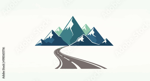 A winding road leads towards a majestic mountain range in blue and green hues