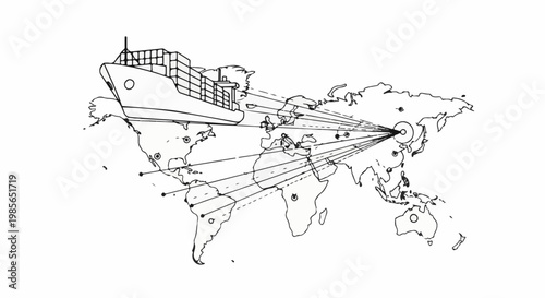A world map illustrates a cargo ship distributing goods across continents