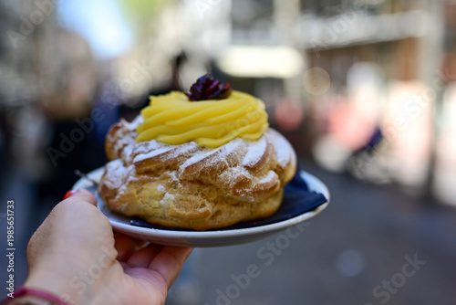 Zeppola.Traditional Italian dessert, pastries iin Naples , Italy.Typical Neapolitan pastry product
