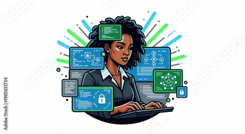 Woman programmer works on computer with security and network graphics