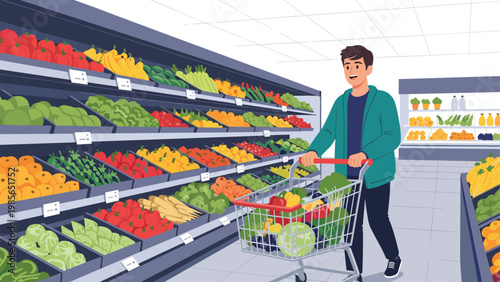 Young man pushing a shopping cart full of healthy vegetables while browsing the fresh produce section in a large supermarket.