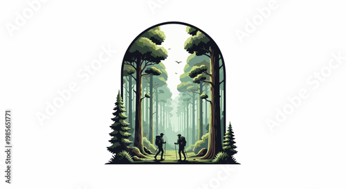 Two hikers stand within a lush, tall forest, framed by an arched opening