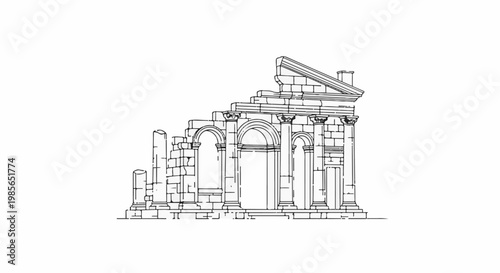 An architectural sketch of a ruined ancient structure with columns and arches
