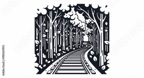 Train tracks winding through a stylized forest with steam rising