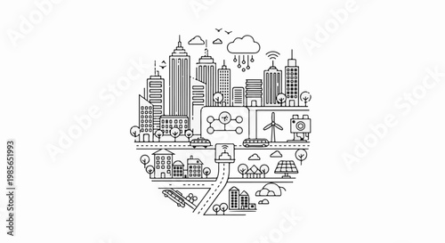 A circular illustration of a smart city with interconnected buildings, vehicles, and renewable energy sources