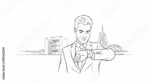 A man in a suit checks his watch with a cityscape in the background