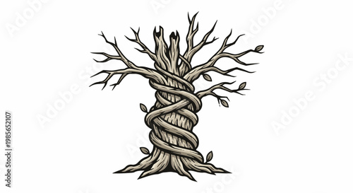 Stylized illustration of a twisted, barren tree with entwined branches and a few leaves