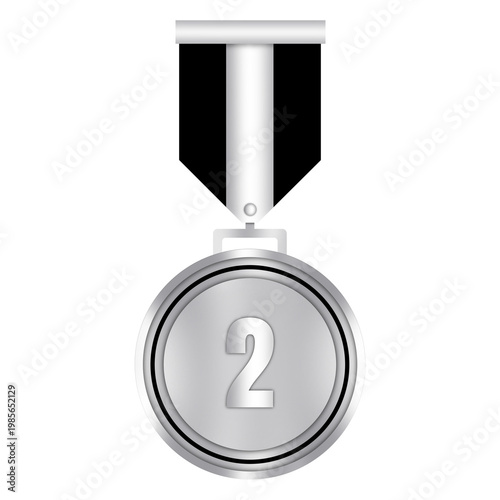 Luxury Silver Number 2 Medal with Ribbon on Transparent Background – Second Place Winner Award Badge for School Graduation, Sports and Corporate Awards, Certficate Seal, Achievement Medal Clip Art