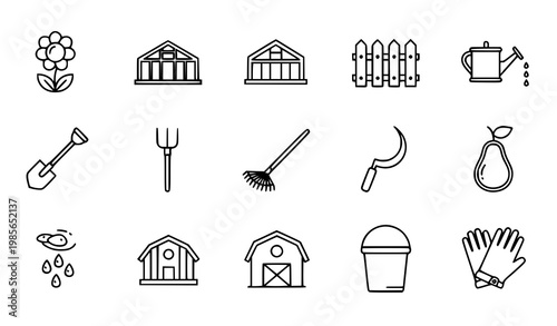 Minimal thin line gardening and farming icons set with tools plants and agriculture symbols vector
