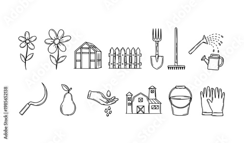 Hand drawn thin line gardening icons set with farm tools plants and agriculture elements vector collection