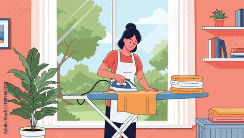Young woman wearing an apron ironing a bright orange shirt on an ironing board in a sunny laundry room with a garden view.