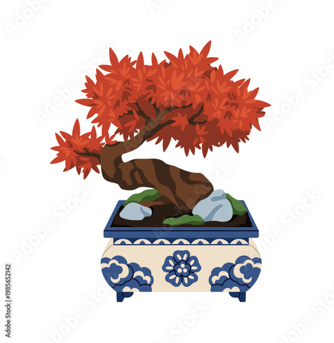 Japanese maple, mini bonsai tree and stones in pot. Leaf plant growing in miniature garden, landscape art. Japan botanical decoration. Zen nature. Flat vector illustration isolated on white background