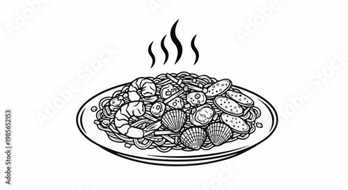 A steaming plate of pasta with seafood, drawn in a simple black and white style