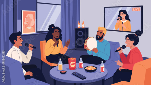 Group of diverse friends enjoying a fun karaoke night at home while singing together and playing instruments in a living room.