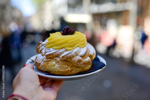 Zeppola.Traditional Italian dessert, pastries iin Naples , Italy.Typical Neapolitan pastry product