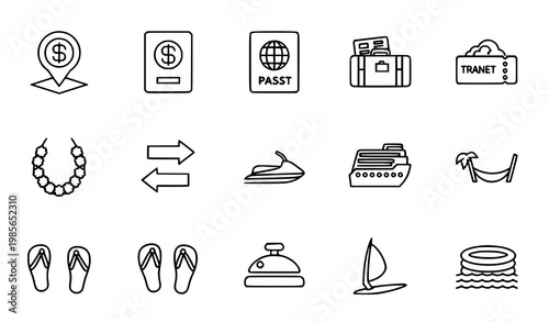 Modern outline tropical travel icon set in circular layout with beach cruise airport and vacation symbols vector