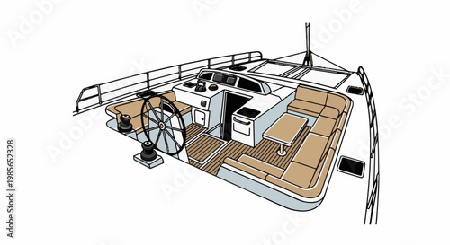 Detailed illustration of a yacht's deck with seating, helm, and tables
