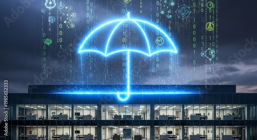 Futuristic Digital Umbrella Icon Displayed Over Cityscape at Night.
