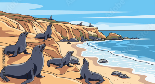 Seals basking on a rocky, sandy coast with ocean waves