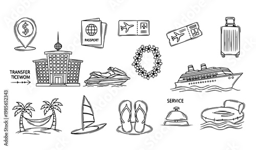 Hand drawn thin line travel icons set with tropical beach cruise airport and vacation elements vector collection