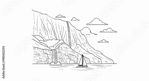 Dramatic cliff with waterfall, a sailboat on the water, and clouds