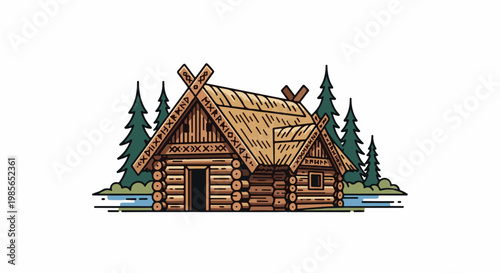 Rustic log cabin with ancient symbols, nestled among pine trees by water