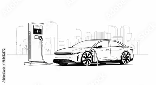 Electric car connected to charging station in a modern city