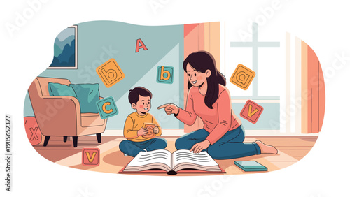 Mother teaching her young son alphabet letters using colorful cards while reading a book together on the living room floor.