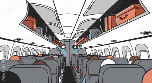 Interior view of airplane cabin with passengers stowing luggage in overhead compartments
