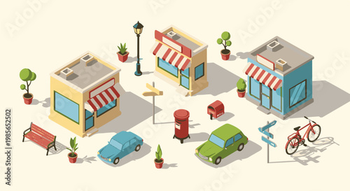 Isometric pixel art cityscape with shops, cars, and street furniture