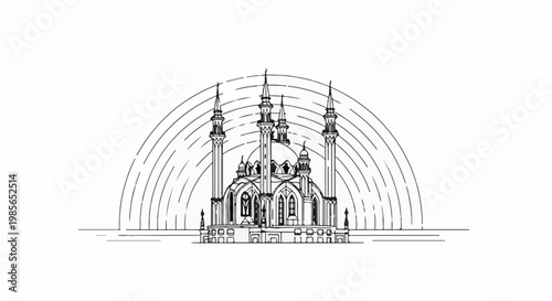 Ornate mosque with multiple domes, minarets, and arched windows, set against a background of concentric arcs