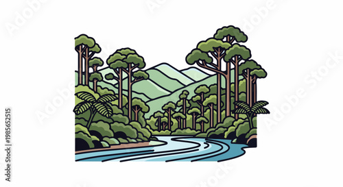 Lush, verdant forest scene with a winding river and distant green hills