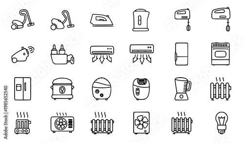 Modern outline home appliance icon set in circular layout with kitchen electronics and smart devices vector