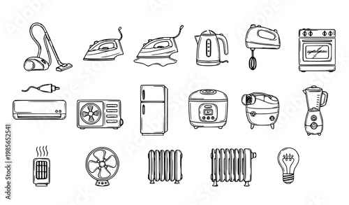 Hand drawn thin line home appliance icons set with kitchen electronics and household devices vector collection