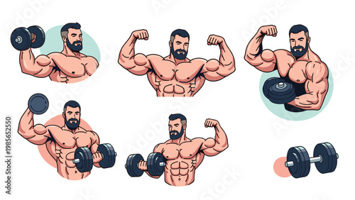 Set of strong muscular bodybuilders in various athletic poses lifting heavy dumbbells and showing their biceps and muscles.