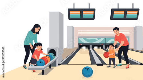 Happy family with parents and two young children having a great time playing bowling together at a modern bowling alley.