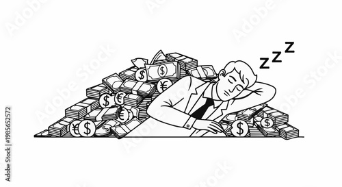 Man in suit sleeping on pile of money