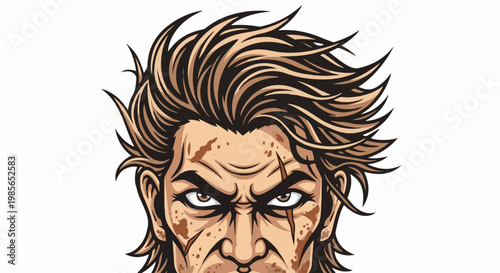 Intense gaze from a weathered, anime-style male face with stylized, spiky brown hair