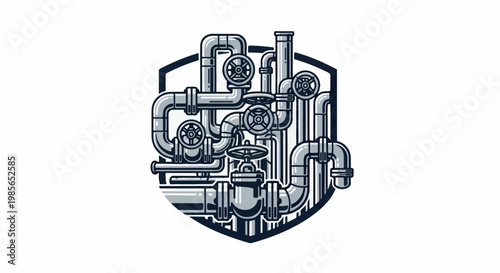 Industrial piping system with valves and connectors, grey tones