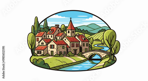 Idyllic cartoon village with red-roofed houses and a bridge over a stream